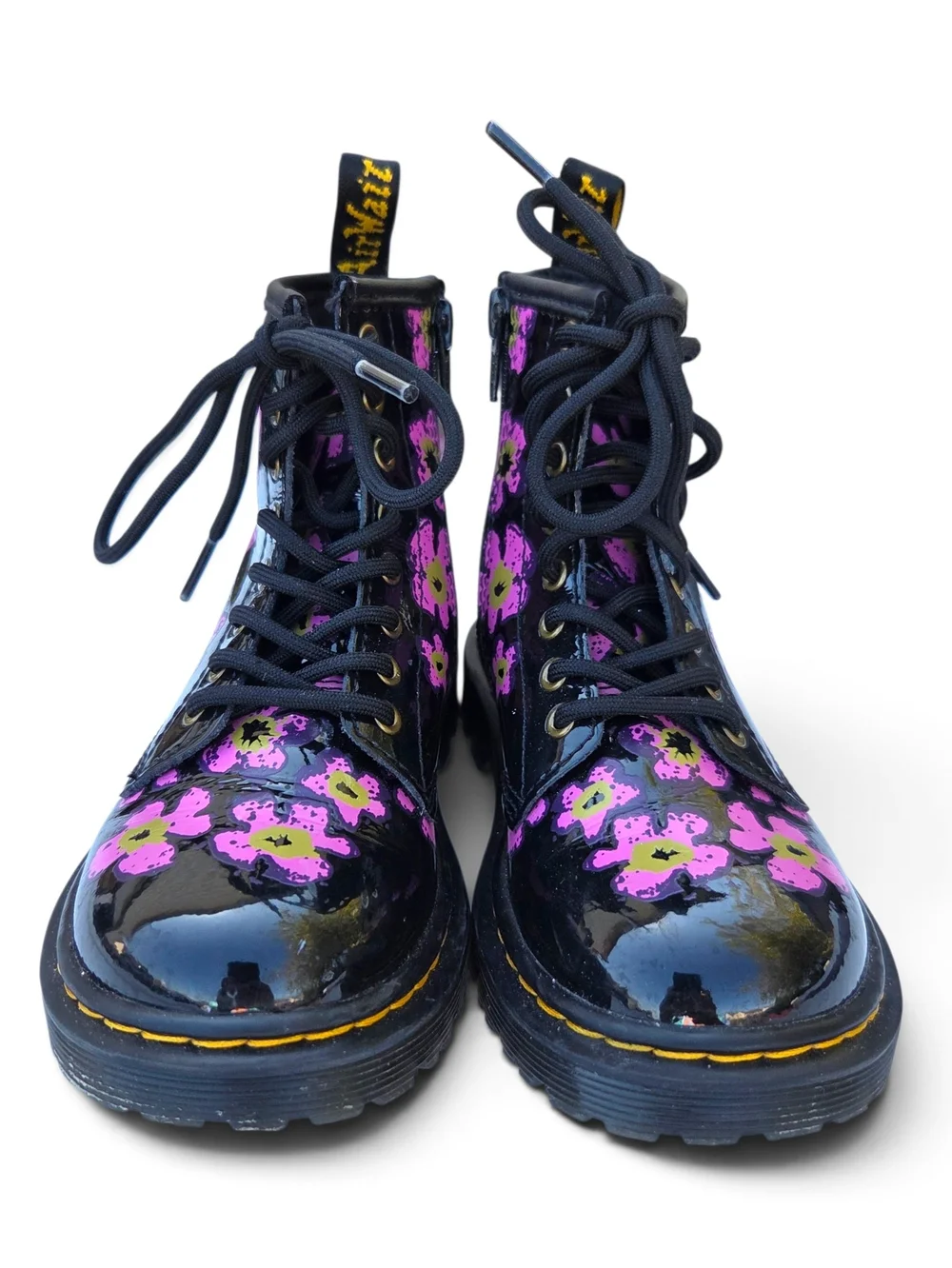Dr. Martens 1460 J Floral Patent Leather Boots - Pink/Purple Flower Youth US 12